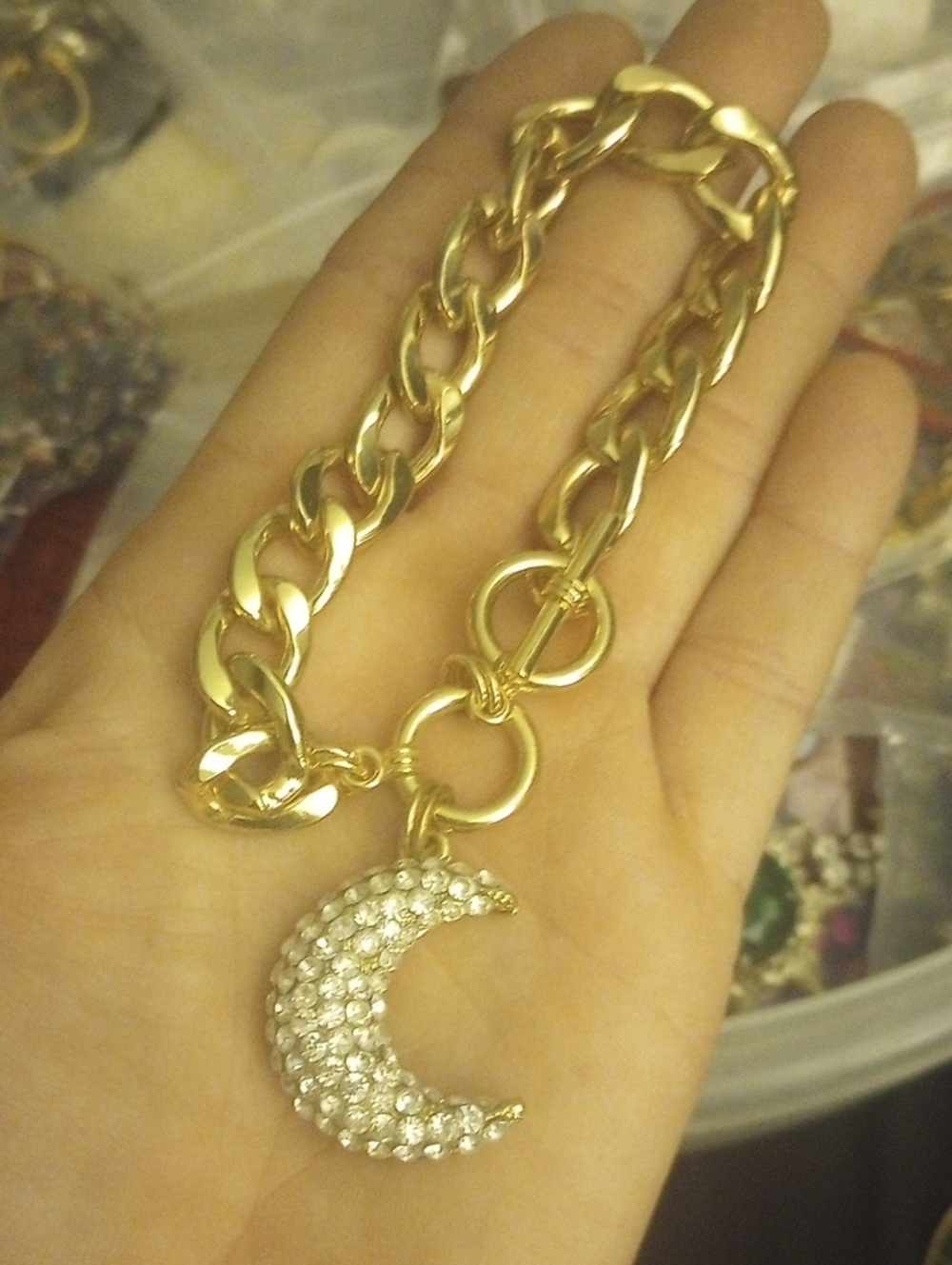 Gold Tone Chain Bracelet with  Crescent Moon Charm, EUC